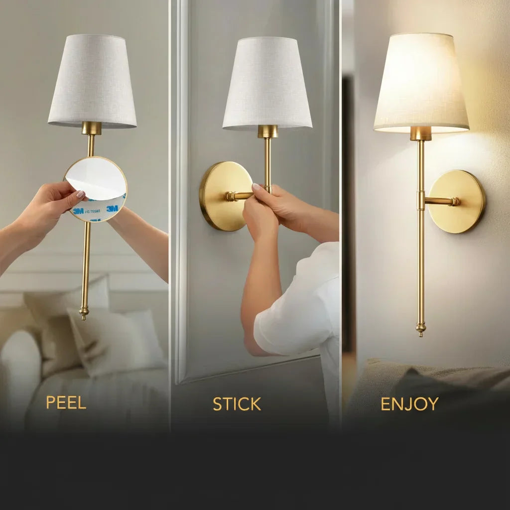 Arenzza elegant wireless wall sconces with sleek design, shown mounted on a wall, showcasing their modern look and tool-free installation.