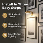 Arenzza SmartGlow™ wireless mood lighting setup with four steps, showing wall decor installation and control options.