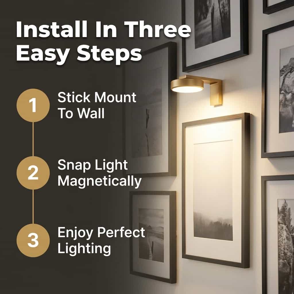Arenzza SmartGlow™ wireless mood lighting setup with four steps, showing wall decor installation and control options.