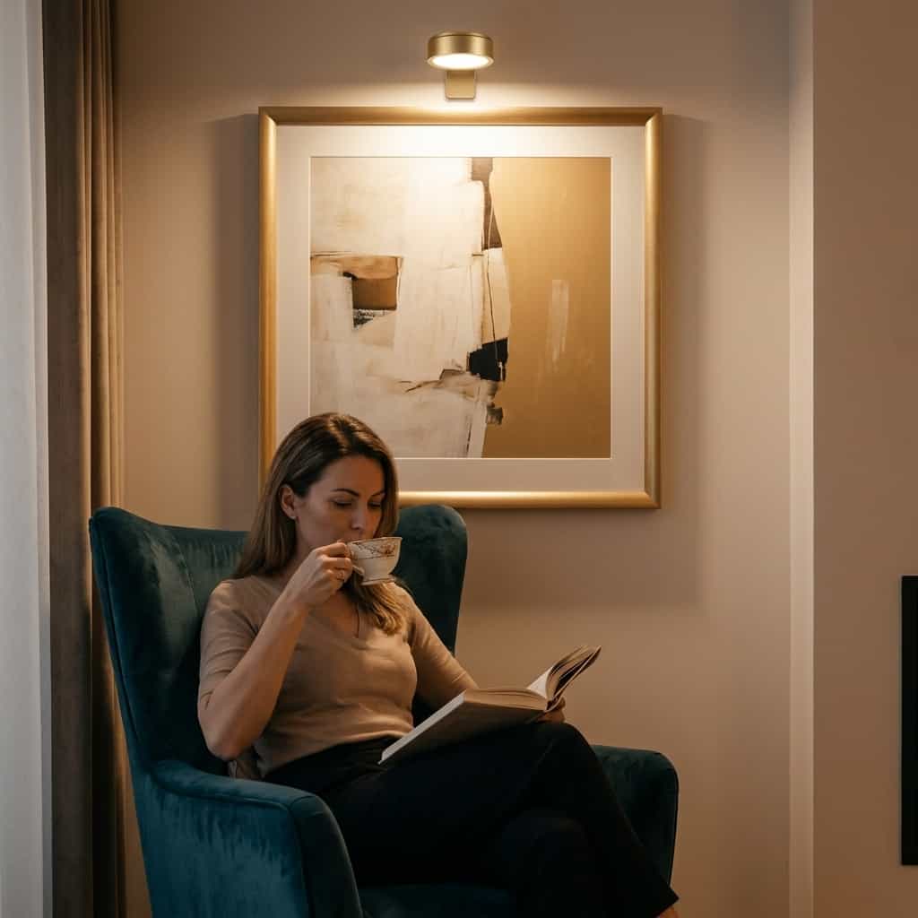 A group of people enjoying wireless mood lighting from Arenzza's SmartGlow™ on a modern wall, creating a cozy, stylish atmosphere.