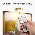 Close-up of Arenzza SmartGlow™ wireless mood lighting panel creating ambient wall decor with customizable colors and sleek design.