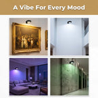A multi-panel grid of Arenzza SmartGlow™ wireless mood lighting illuminating a wall with vibrant, colorful ambient light.