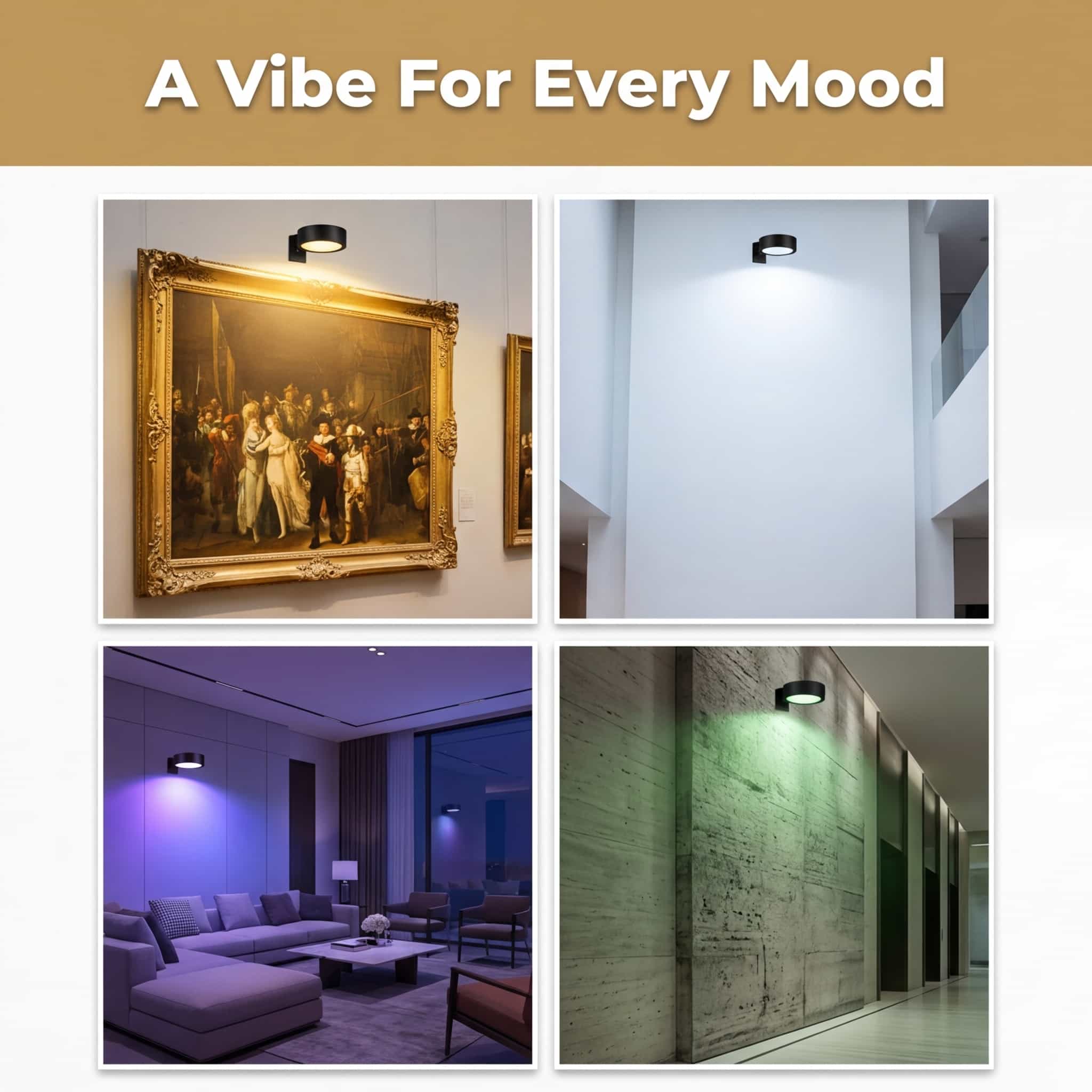 A multi-panel grid of Arenzza SmartGlow™ wireless mood lighting illuminating a wall with vibrant, colorful ambient light.
