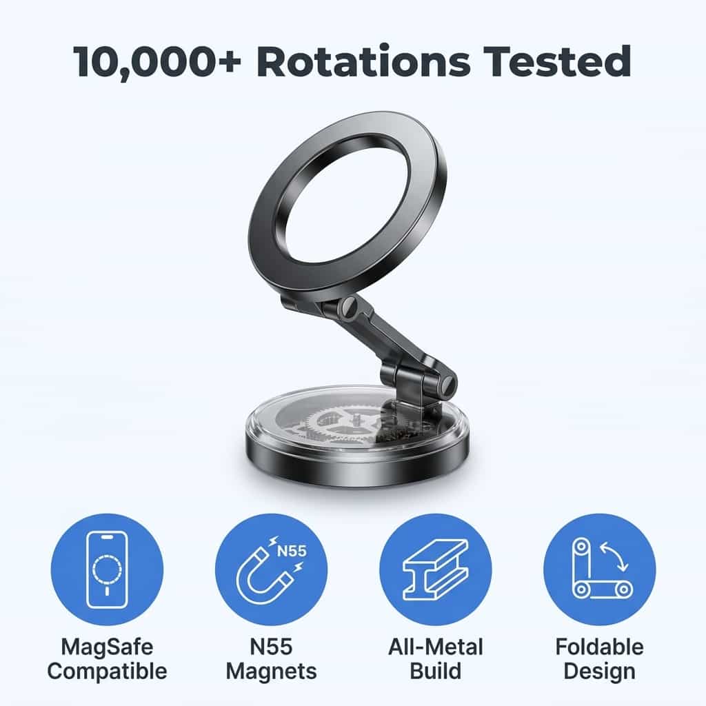 Arenzza foldable magnetic phone mount attached to a car dashboard, holding a smartphone securely for hands-free driving.