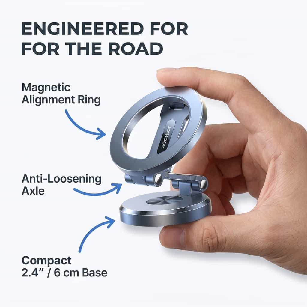 Arenzza foldable magnetic phone mount showing three benefits with arrows, designed for hands-free driving and easy phone access.
