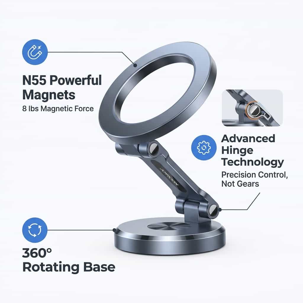 Arenzza foldable magnetic phone mount for hands-free driving, showcasing its sleek design attached to a car dashboard.