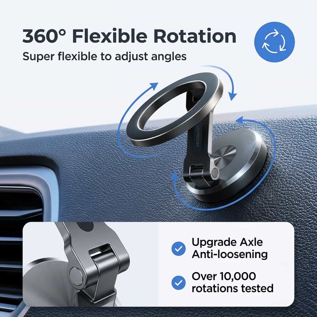 Arenzza foldable magnetic phone mount for hands-free driving, showing the compact design and secure magnetic holder on a car dashboard.