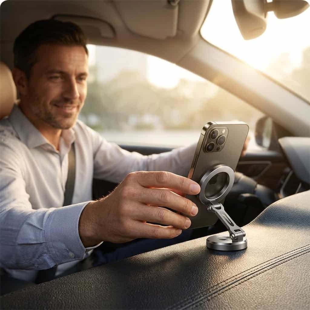 Arenzza foldable magnetic phone mount attached to car dashboard, holding a smartphone for hands-free driving in a lifestyle scene.
