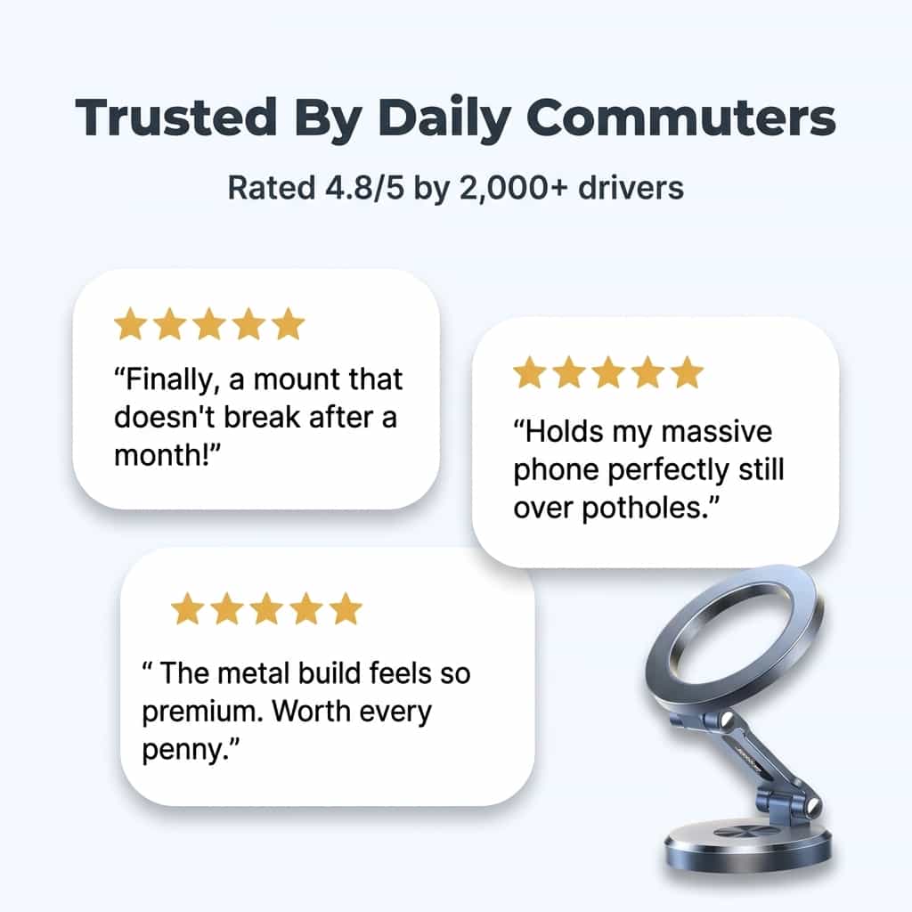Arenzza foldable magnetic phone mount attached to a car dashboard, holding a smartphone for hands-free driving.