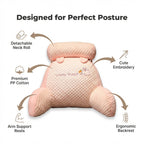 Aarenza BackWell ergonomic reading pillow with callouts highlighting lumbar support and adjustable neck cushion.