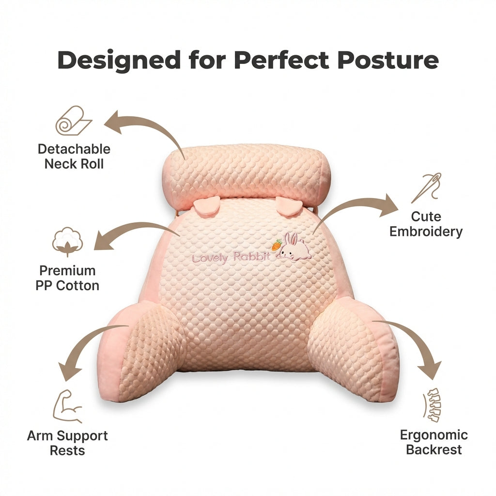 Aarenza BackWell ergonomic reading pillow with callouts highlighting lumbar support and adjustable neck cushion.