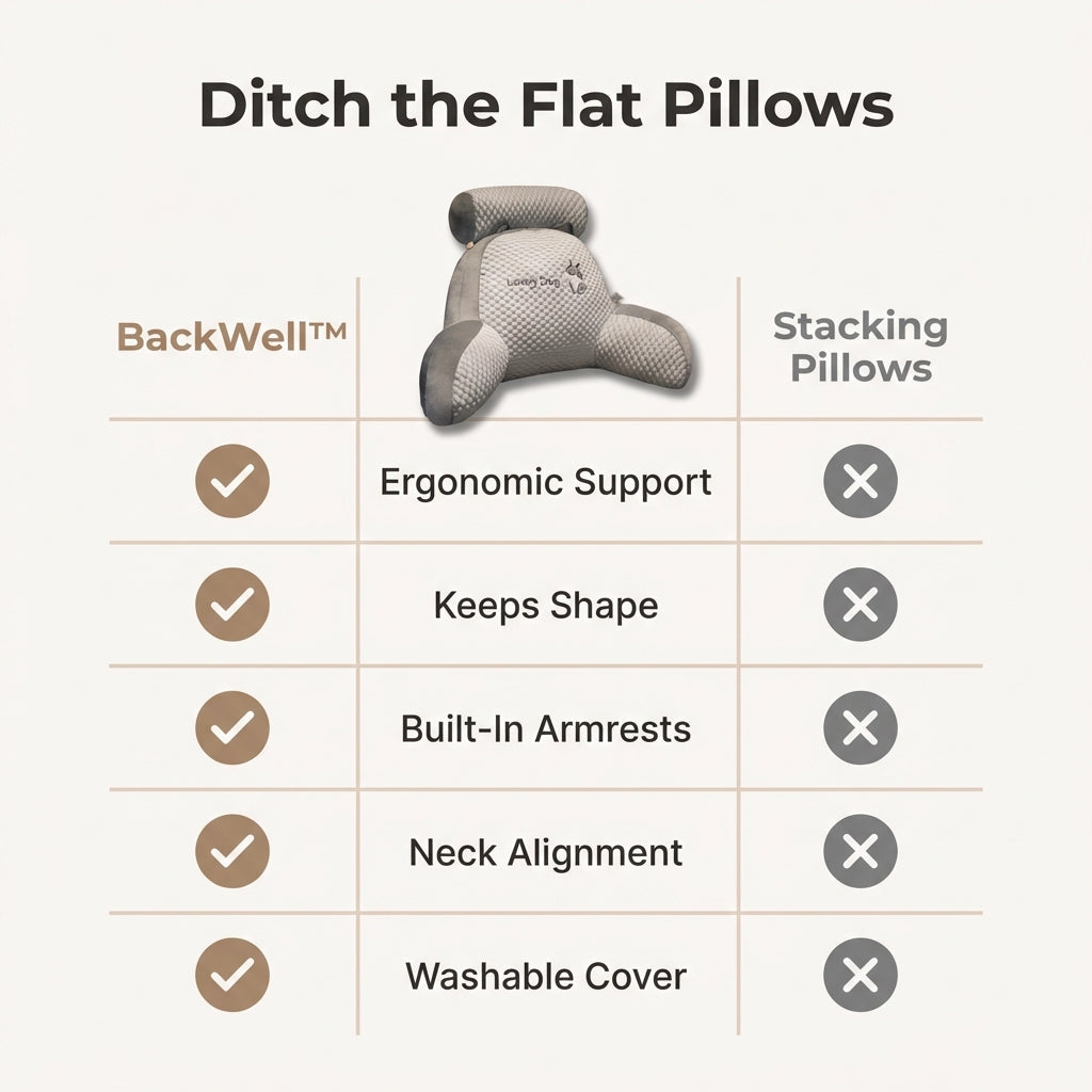 A comparison table showing BackWell™ Ergonomic Reading Pillow by Arenzza with features and benefits detailed.