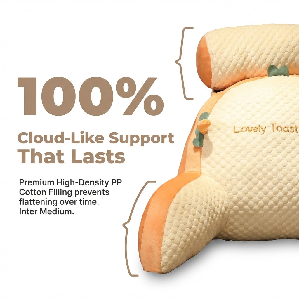 Aarenza BackWell™ ergonomic reading pillow with supportive backrest and armrests, shown in bold visual design for comfortable reading.