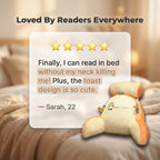 A Arenzza BackWell™ ergonomic reading pillow with supportive back and armrests, shown on a testimonial card.