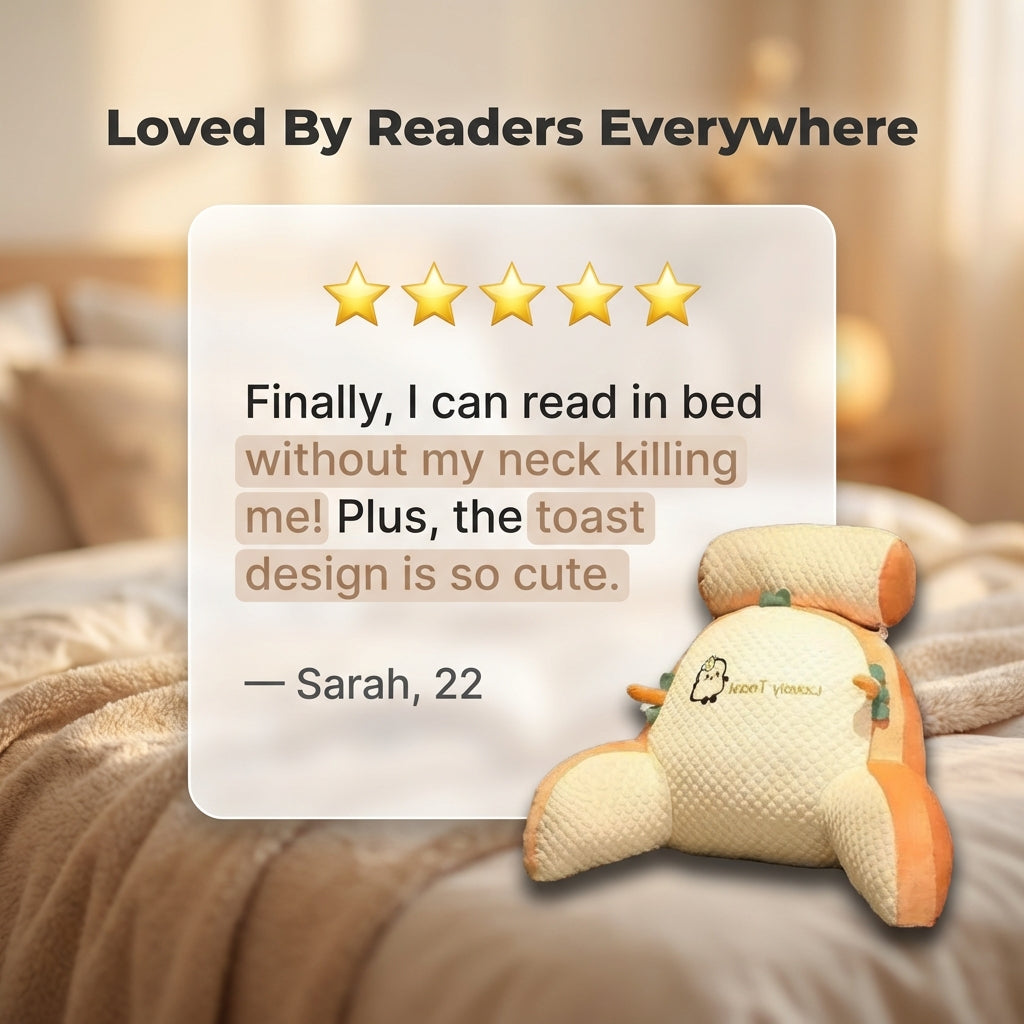 A Arenzza BackWell™ ergonomic reading pillow with supportive back and armrests, shown on a testimonial card.