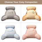 A multi-panel grid showing the Arenzza BackWell™ Ergonomic Reading Pillow with supportive memory foam, beige cover, and ergonomic design.