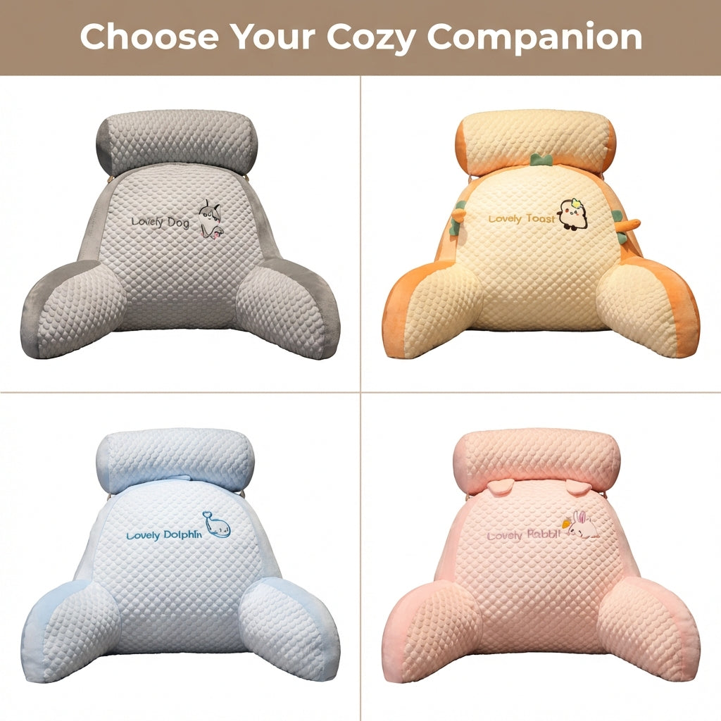A multi-panel grid showing the Arenzza BackWell™ Ergonomic Reading Pillow with supportive memory foam, beige cover, and ergonomic design.