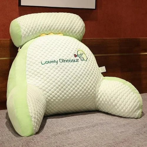Aarenza BackWell ergonomic reading pillow with supportive memory foam, beige cover, and contoured shape for comfort and posture support.