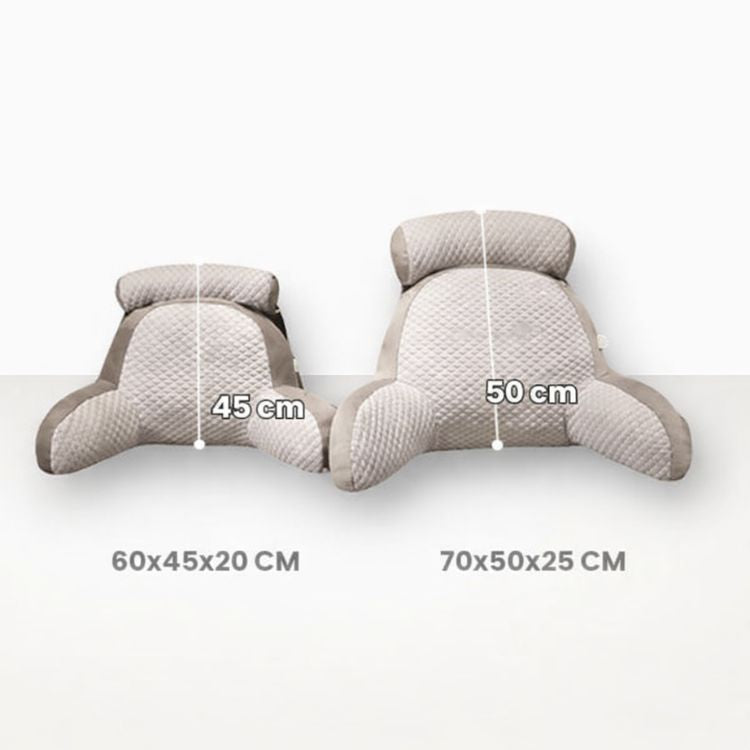 Aarenza BackWell ergonomic reading pillow with supportive backrest and armrests, designed for comfortable reading and lounging.
