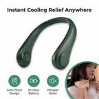 Arenzza SmartCool™ portable rechargeable neck fan worn around the neck, showing its compact design and adjustable fan blades.