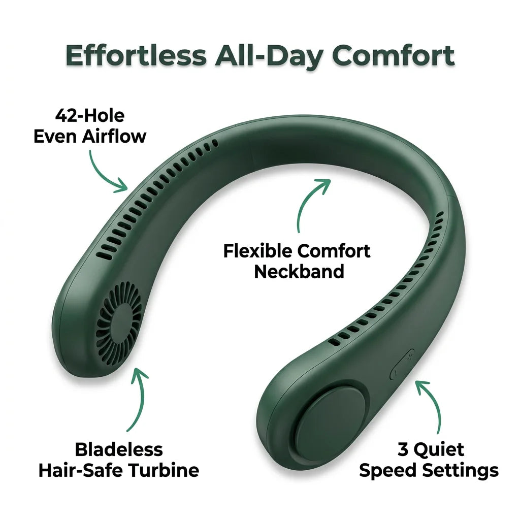 Aarenza SmartCool™ portable rechargeable neck fan with three benefit callouts and arrows highlighting its features.