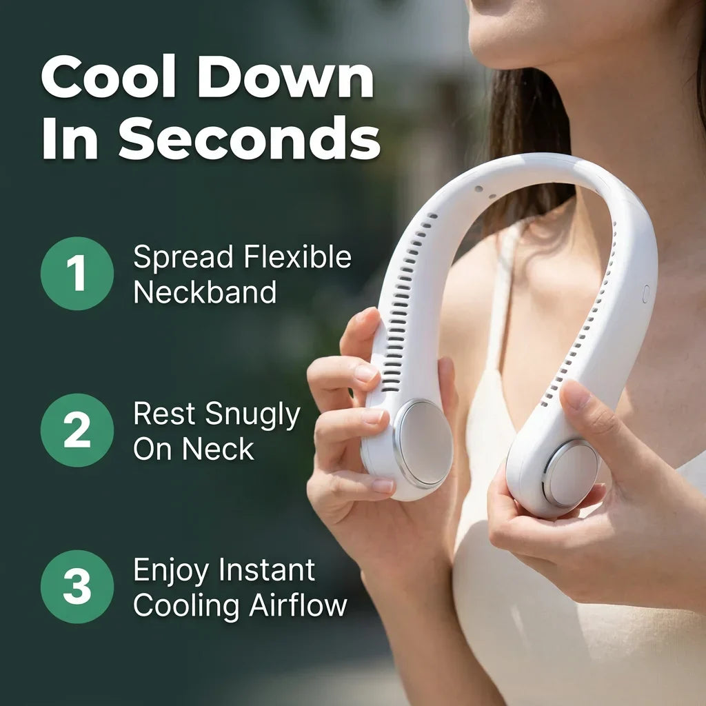 Arenzza SmartCool™ portable rechargeable neck fan with six adjustable fan speeds, lightweight design, and built-in rechargeable battery.