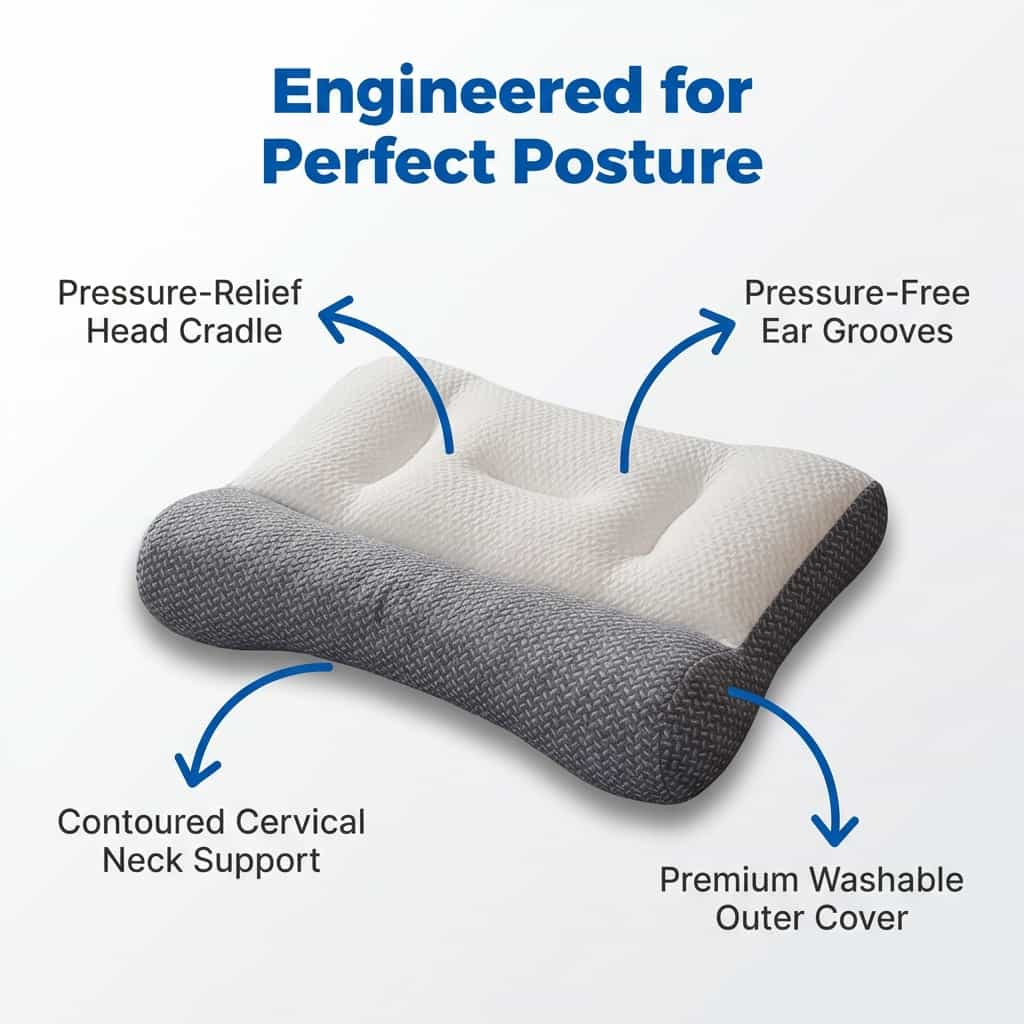 Arenzza ergonomic relief pillow with callouts highlighting benefits for neck and shoulder pain relief.