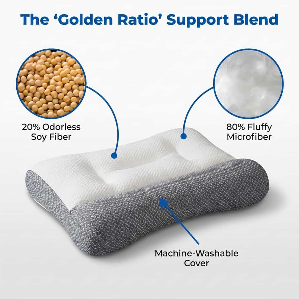 Close-up of Arenzza ergonomic relief pillow showing its supportive, contoured design for neck and shoulder pain relief.