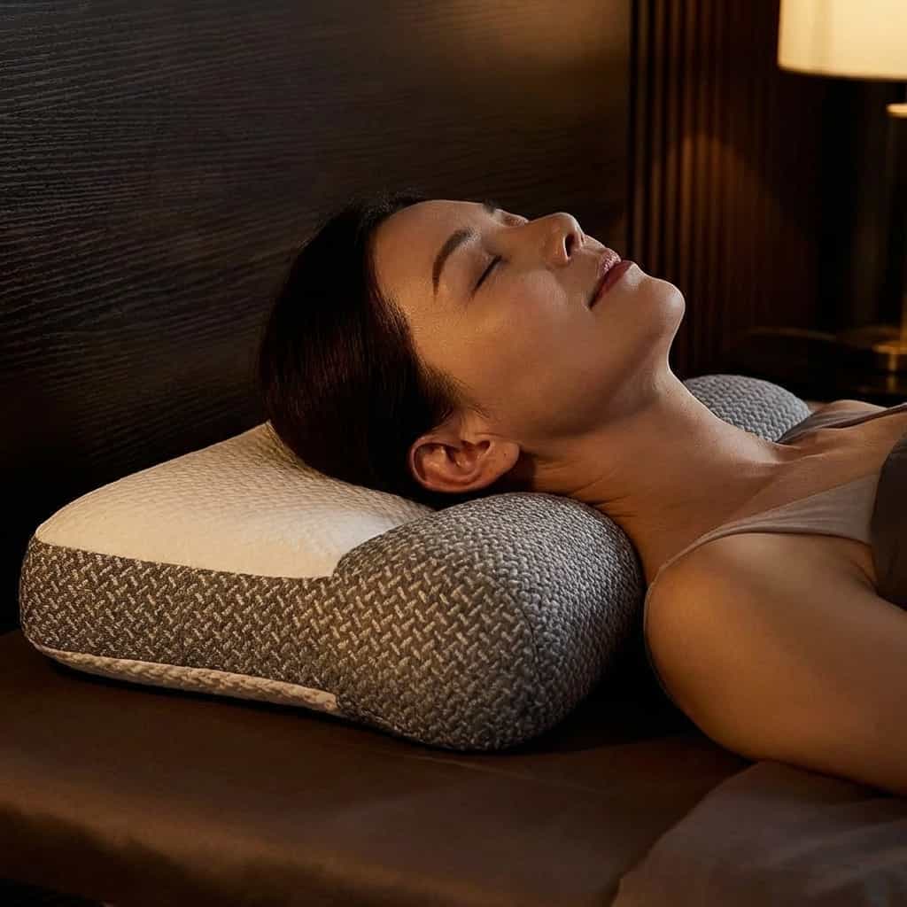 A person using an Arenzza ergonomic relief pillow to support neck and shoulders during a relaxed home setting.