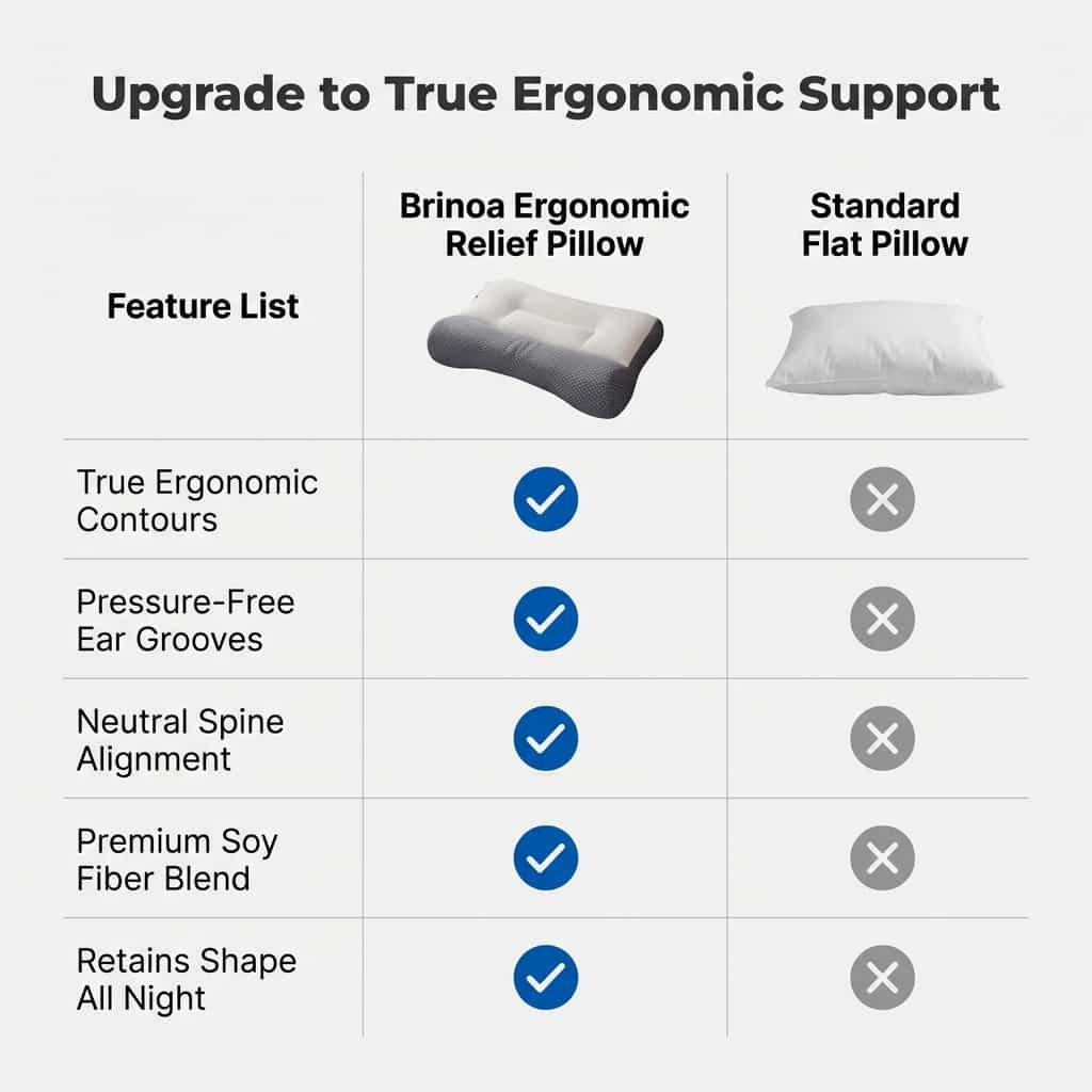 Comparison table showing Arenzza ergonomic relief pillow designed to reduce neck and shoulder pain with ergonomic support features.