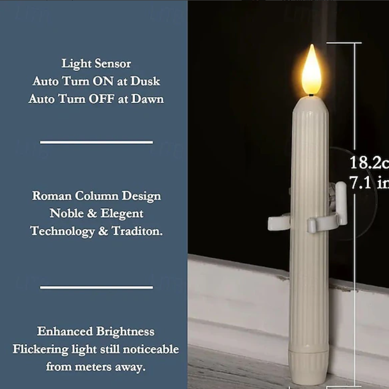 Arenzza LED taper candles with sensor and suction cups, suitable for Halloween and Christmas decorations, shown on a festive table.