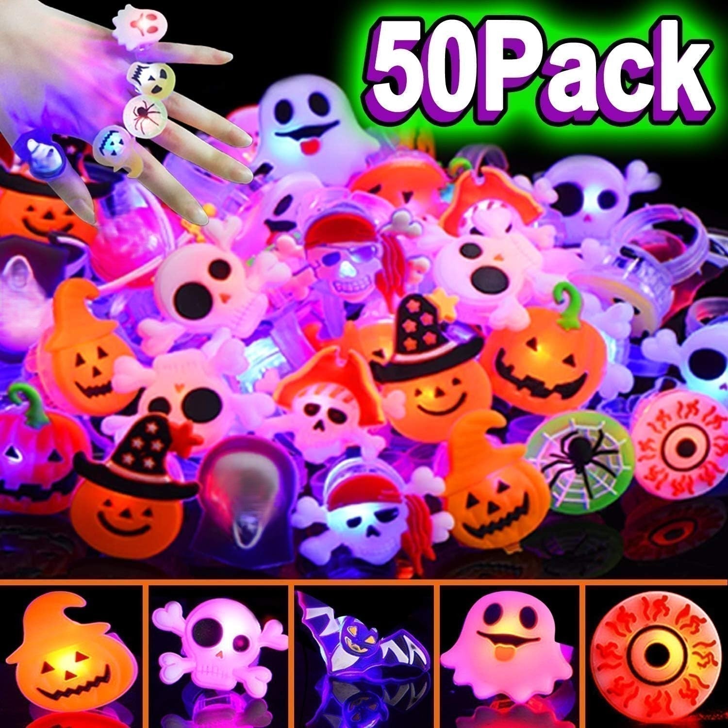 A set of 50 glowing LED Halloween and Christmas rings from Arenzza, featuring colorful, illuminated ring designs for festive celebrations.