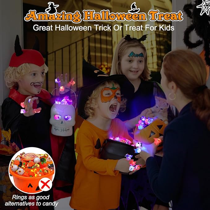 A set of 50 Arenzza LED glowing Halloween and Christmas rings with colorful lights and festive designs.