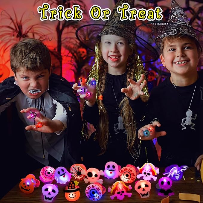 A set of 50 Arenzza LED glowing rings with Halloween and Christmas designs, glowing in vibrant colors for festive celebrations.