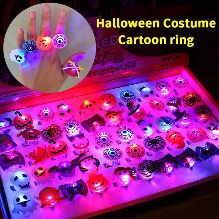A set of 50 LED Halloween glowing rings in various colors, perfect for Halloween and Christmas celebrations by Arenzza.