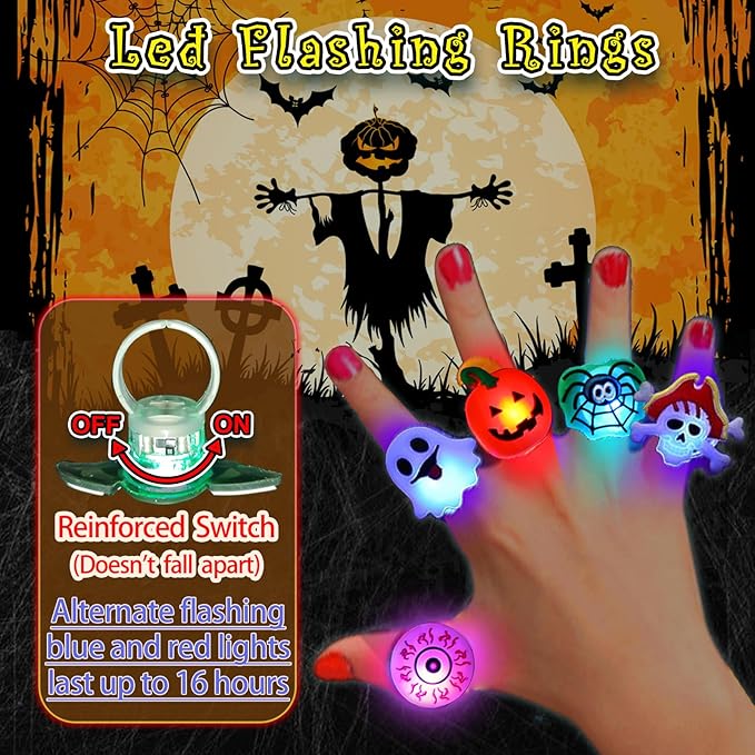 A set of 50 glowing LED Halloween rings with colorful designs, perfect for Halloween and Christmas celebrations.