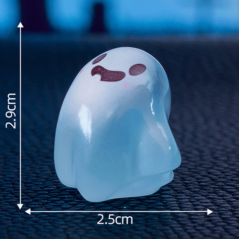 Arenzza glow-in-the-dark mini ghost figurines for Halloween and Christmas, featuring cute, spooky ghost designs on a festive background.