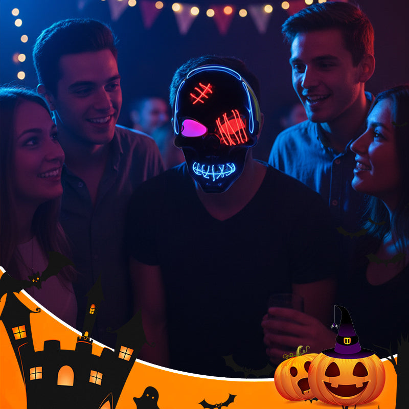 Arenzza Halloween LED Skull Mask with glowing eyes, perfect for spooky costumes during Halloween and Christmas celebrations.