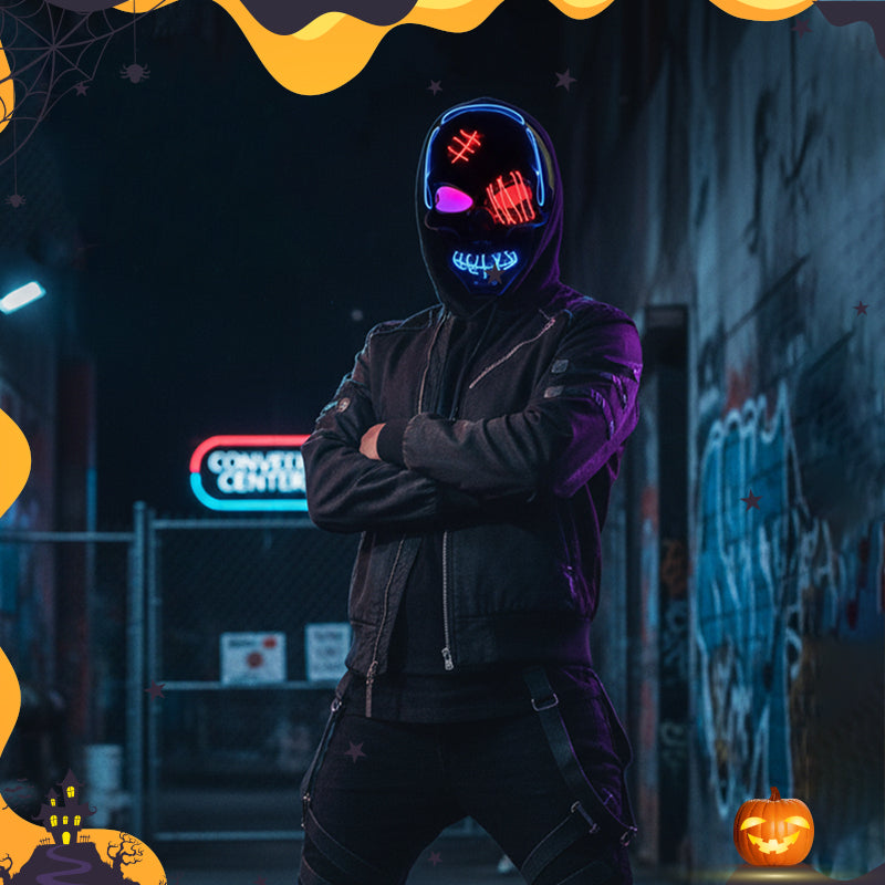 Arenzza Halloween LED Skull Mask with glowing eyes, perfect for spooky costumes and holiday celebrations.