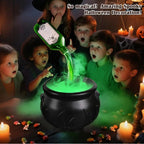 Arenzza Halloween indoor decoration featuring a witches' cauldron with floating potion bottles and fog effect for spooky ambiance.