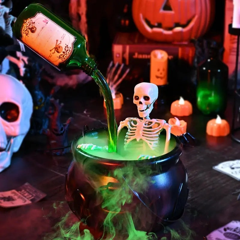Arenzza Halloween indoor decoration featuring a witches' cauldron with floating potion bottles and fog effects for spooky ambiance.