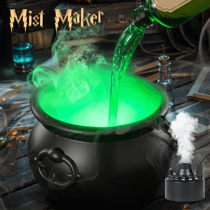 Arenzza Halloween indoor decoration featuring a witches' cauldron with floating potion bottles and fog effects for spooky ambiance.