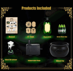 Aarenza Halloween indoor decoration featuring a witches' cauldron with floating potion bottles and fog effects for spooky ambiance.
