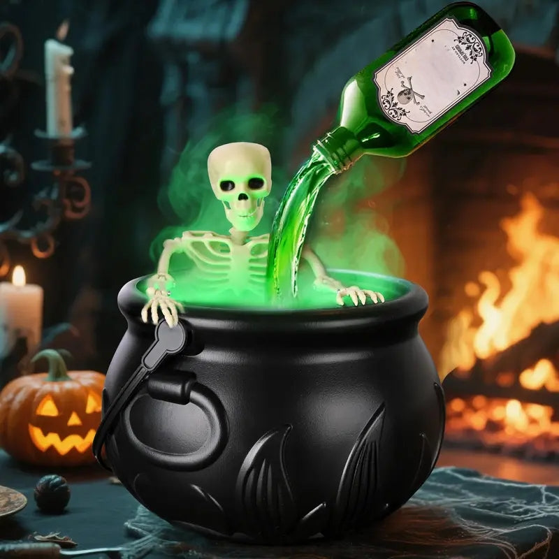 Arenzza Halloween indoor decoration featuring a witches' cauldron with floating potion bottles and fog effect for spooky ambiance.