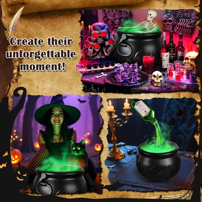Arenzza Halloween indoor decoration featuring a witches' cauldron with floating potion bottles and fog effects for spooky ambiance.
