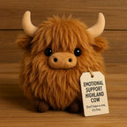 Aarenza Highland Cow plush toy with festive Christmas decorations, soft and cuddly, perfect for holiday emotional support.