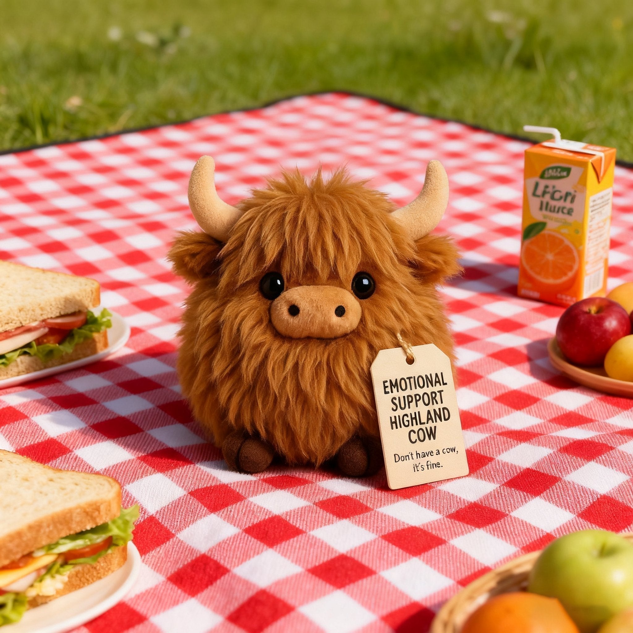 Aarenza Highland Cow plush toy with festive Christmas decorations, soft and cuddly, perfect for holiday emotional support.