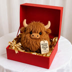 Aarenza Highland Cow plush toy with Christmas and Halloween themed design, soft and cuddly emotional support plush for holiday cheer