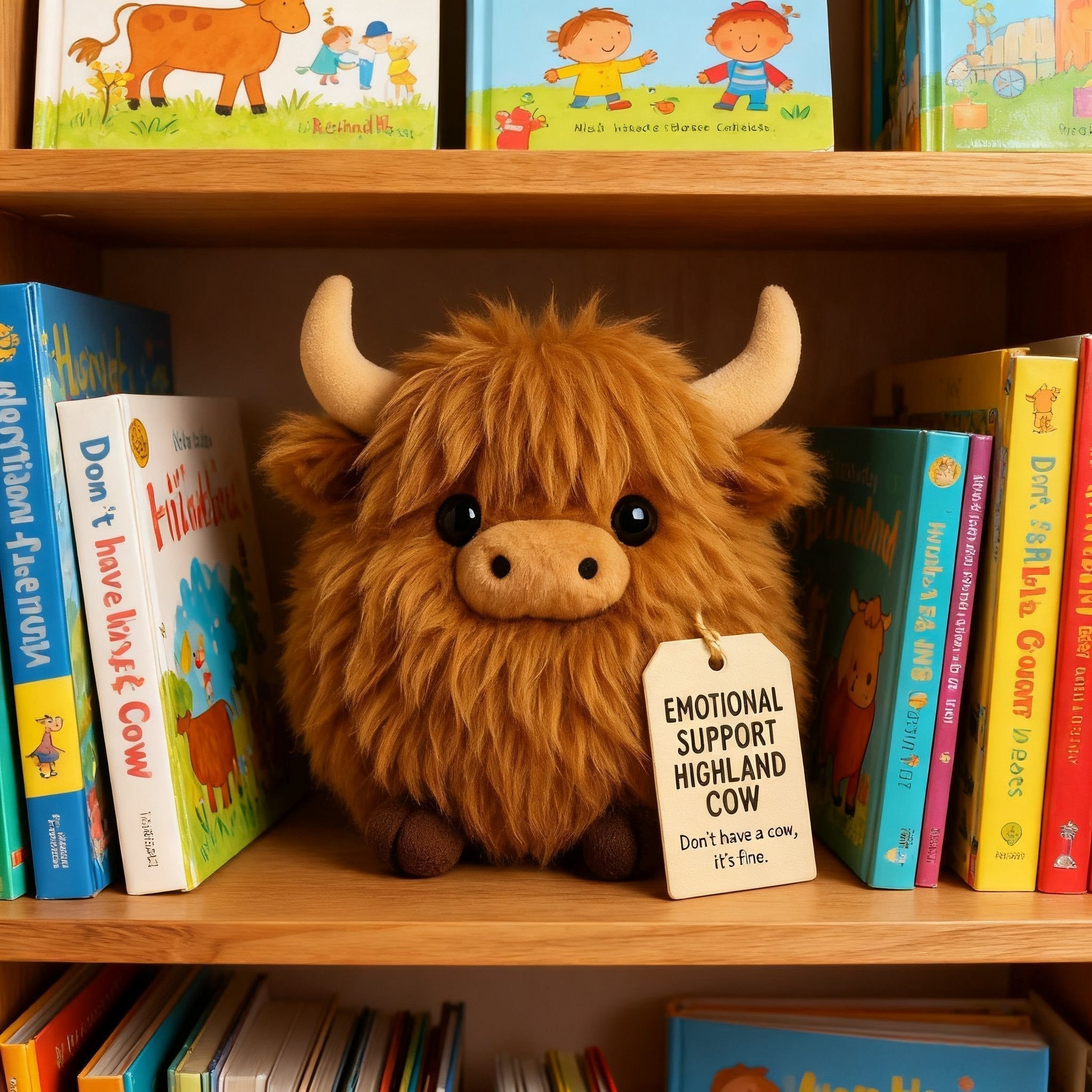 A plush Highland cow toy with Christmas-themed accessories from Arenzza, designed for emotional support and holiday decor.