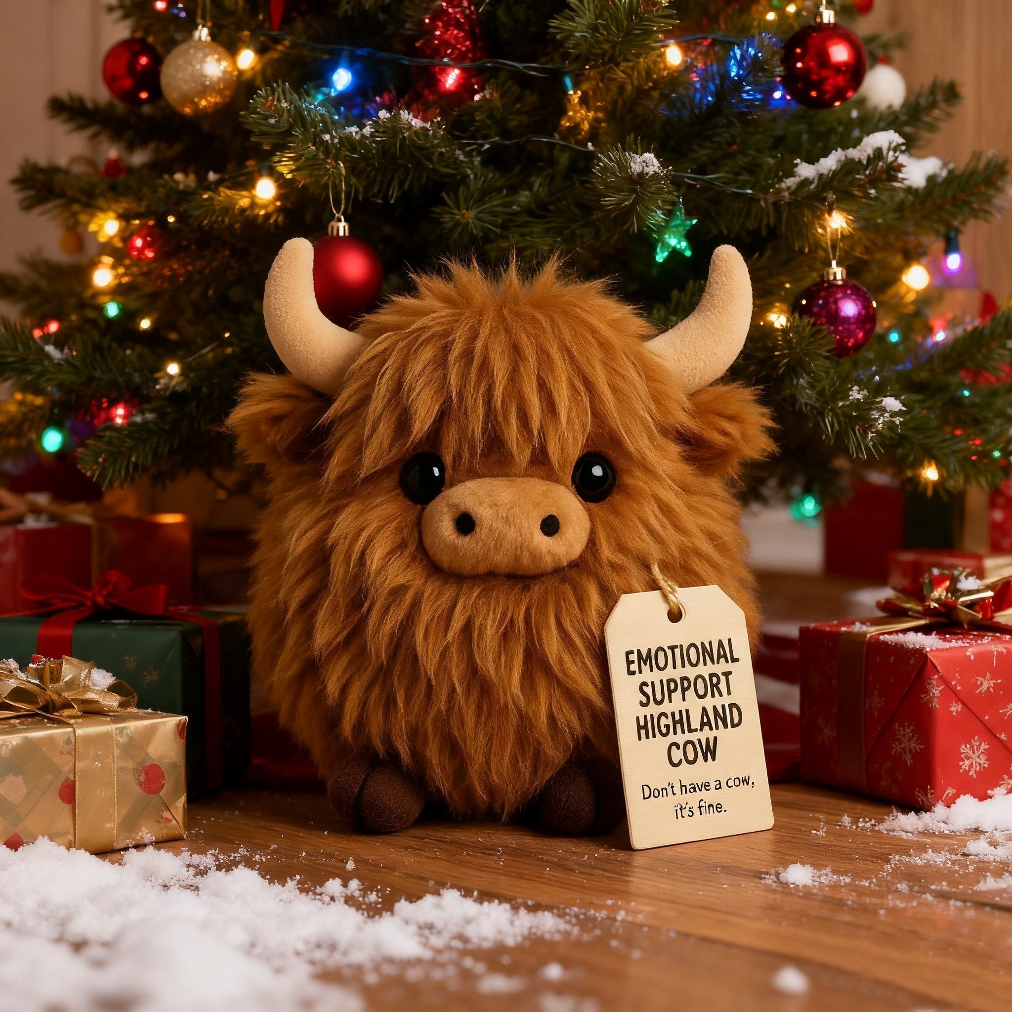 Aarenza Highland Cow plush toy with festive holiday decorations, soft and cuddly for Christmas and emotional support.